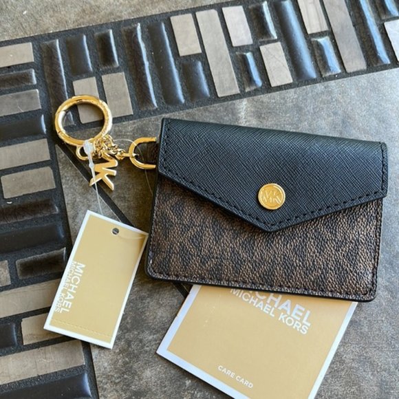 Michael Kors Kala Small Flap Key Ring Card Case Wallet MK Brown Black - Picture 7 of 10